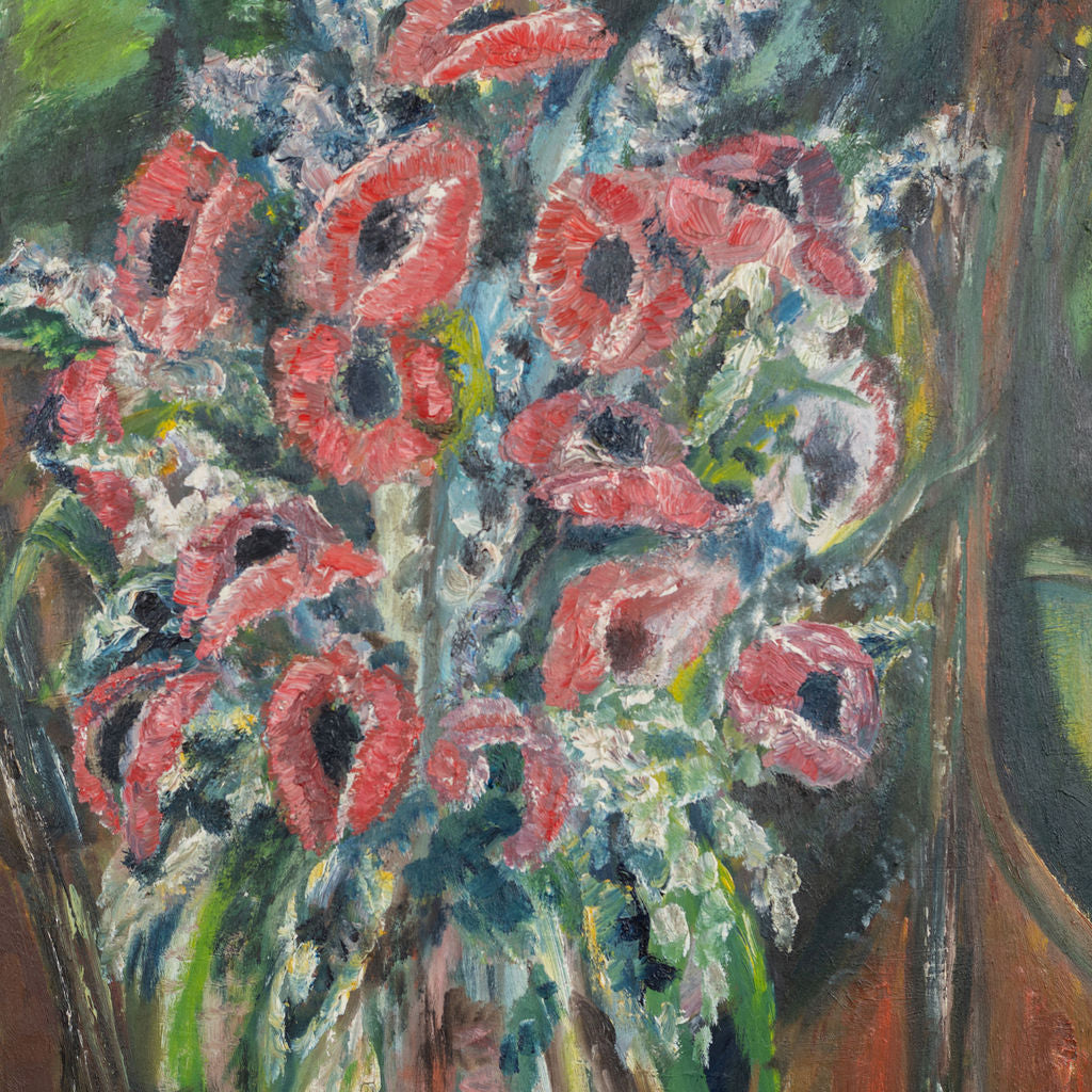 Artistic depiction of flowers in a vase with a textured surface