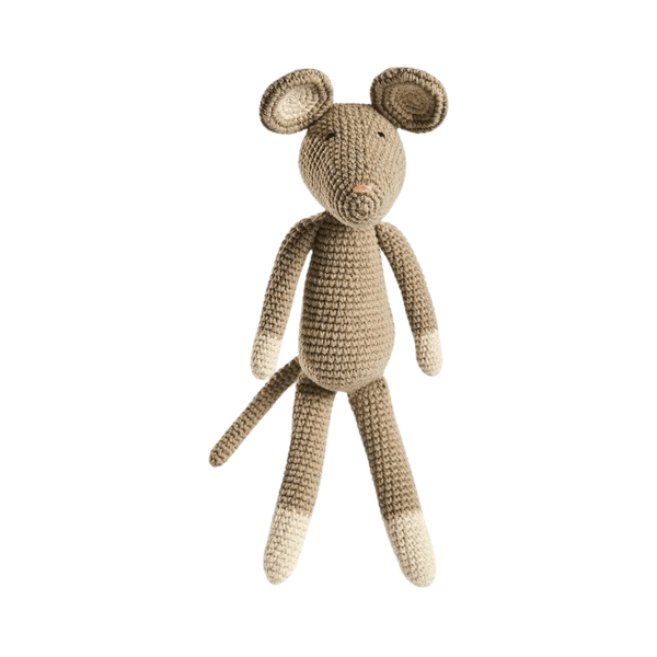 Knitted mouse toy on a white background