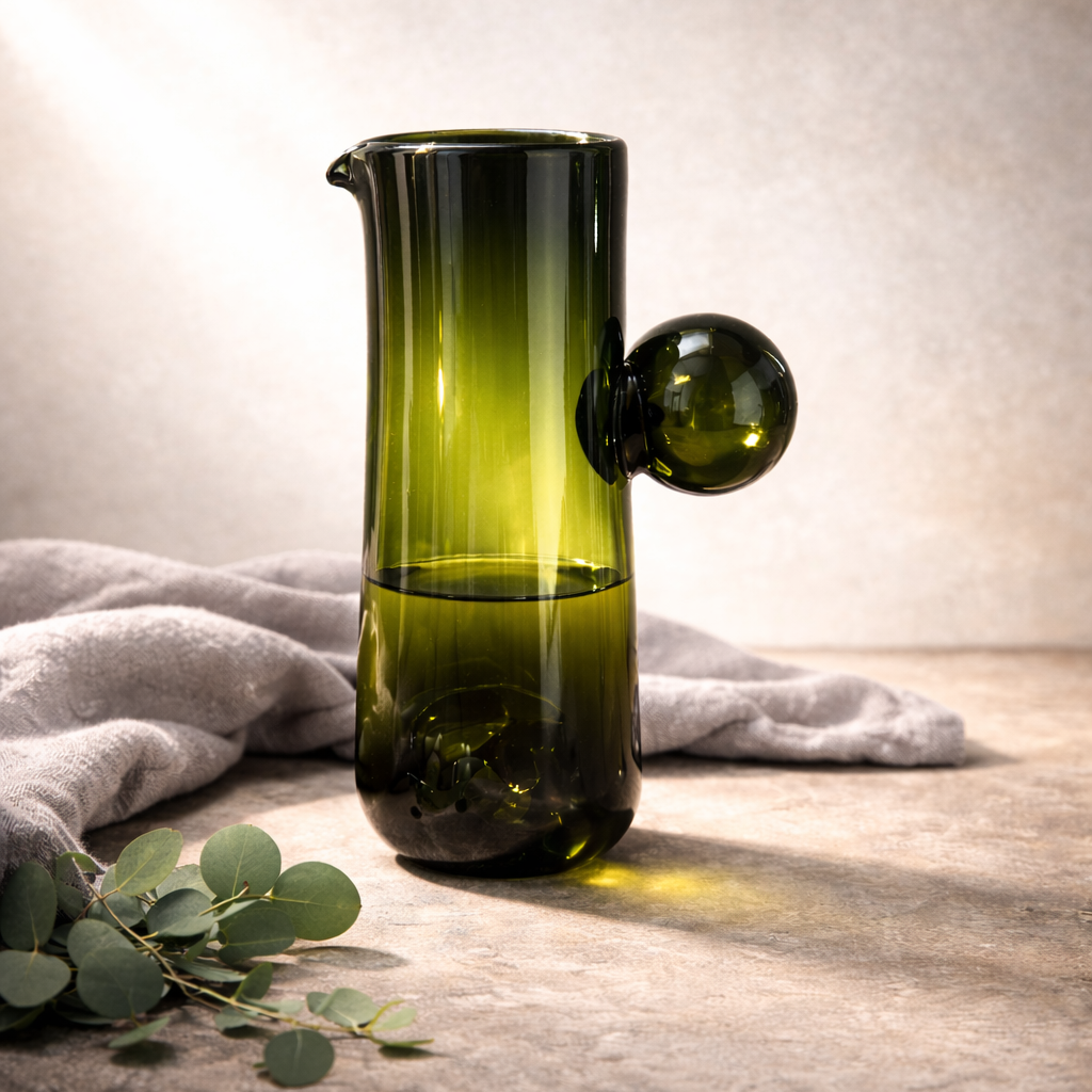 Green glass pitcher on a wooden surface with a light gray towel and green leaves.
