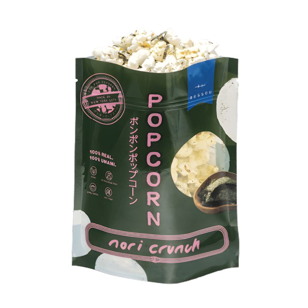 Popcorn with nori crunch in a green packaging bag on a white background