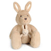 Beige plush kangaroo toy with a smaller plush rabbit inside on a white background