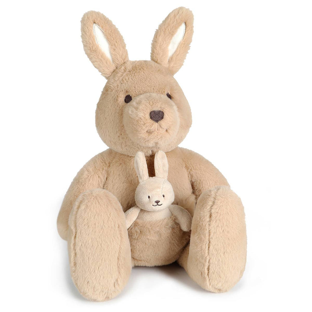 Beige plush kangaroo toy with a smaller plush rabbit inside on a white background