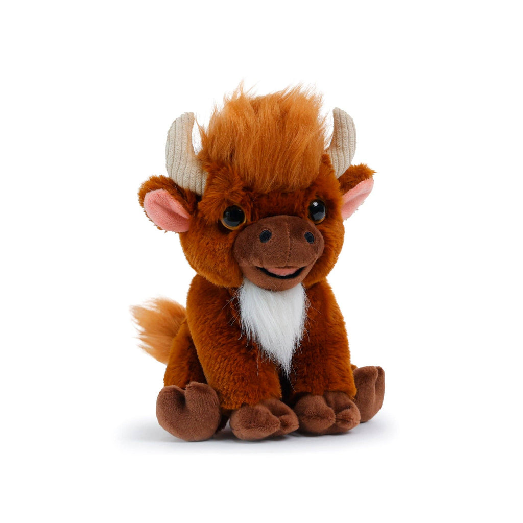 Plush toy bull with brown fur, white horns, and a white patch on its chest on a white background