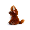 Plush toy dragon with brown fur, white accents, and a pink nose on a white background