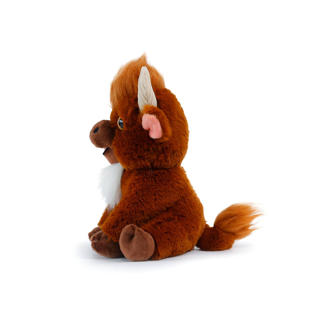 Plush toy dragon with brown fur, white accents, and a pink nose on a white background