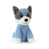 Plush toy husky with blue and gray fur on a white background