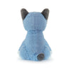 A light blue plush cat toy shown from the back, featuring dark gray ears and tail tip, sitting on a clean white background.