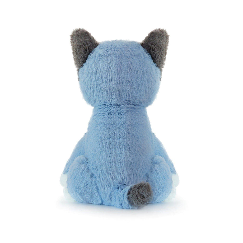 A light blue plush cat toy shown from the back, featuring dark gray ears and tail tip, sitting on a clean white background.