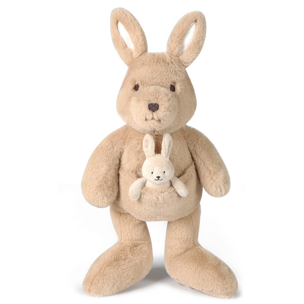 Beige plush kangaroo toy holding a smaller beige plush kangaroo toy on a white background