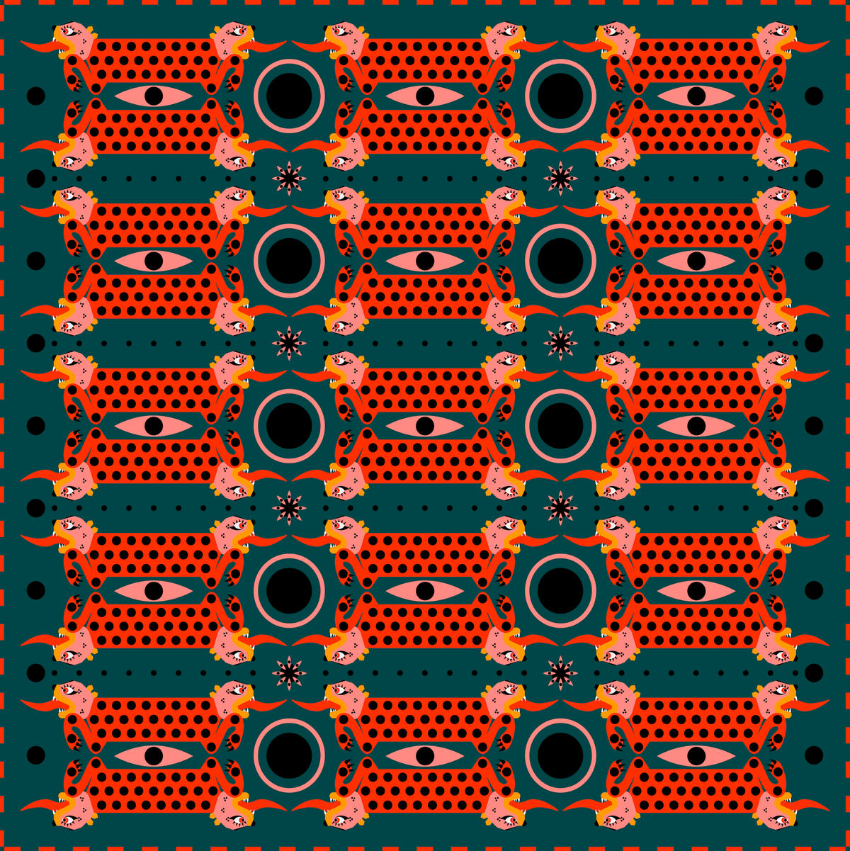 Patterned design with orange and black elements on a green background