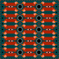 Patterned design with orange and black elements on a green background
