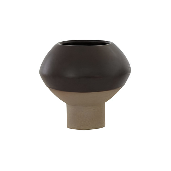 A modern ceramic vase with a matte dark brown upper body and a textured light beige lower base, shown against a plain white background.