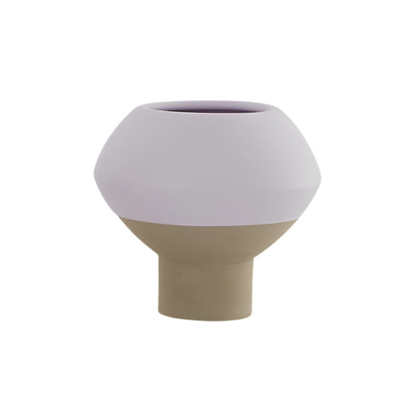 A modern, minimalist ceramic planter or vase with a two-tone design, featuring a matte light lavender upper half and a warm beige lower half, set against a plain white background.