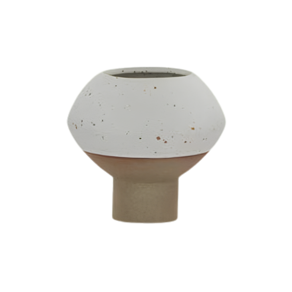 A handmade ceramic planter with a wide, rounded white speckled top and a tapered terracotta brown base, set against a plain white background.