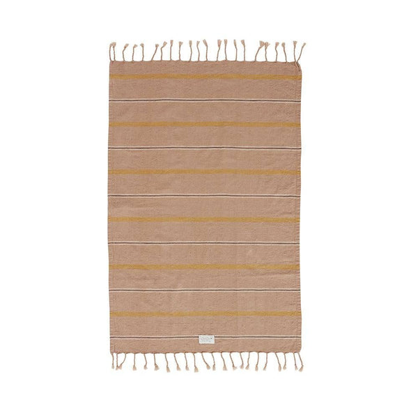 Beige and yellow striped towel with tassels on a white background