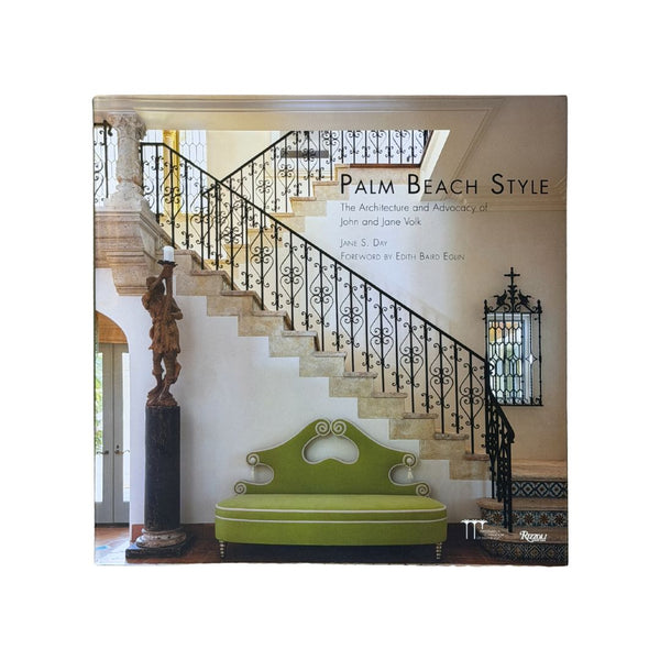 Book cover of 'Palm Beach Style' with a staircase and green bench.