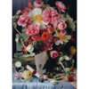 A still-life style floral arrangement with pink and white flowers, green leaves, books, a small clock, glass bottles, and other decorative objects on a blue satin surface against a dark background.