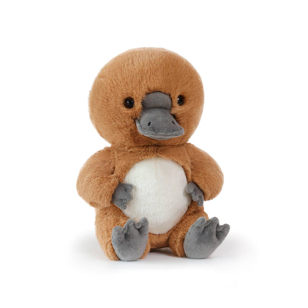 Plush toy platypus with brown body, white belly, and gray feet and beak on a white background