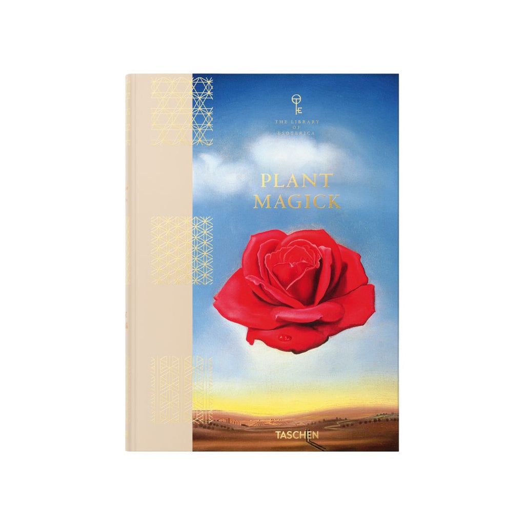 Book cover with a red rose against a blue sky and landscape, featuring the title 'Plant Magick' and 'Taschen' branding.