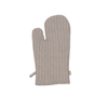 A single fabric oven mitt with vertical stripes in beige, brown, and off-white, featuring a small woven tag on the cuff, shown against a plain white background.