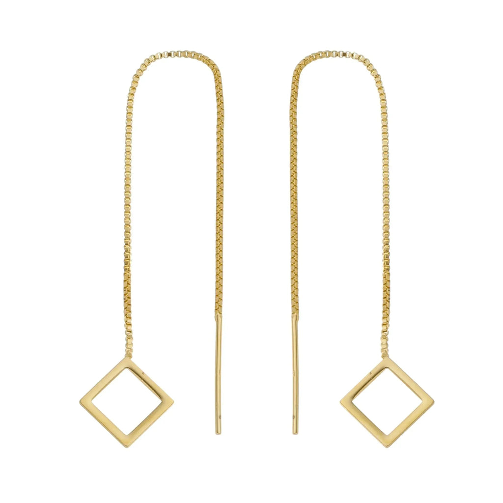 Gold square drop earrings on thin chains against a white background