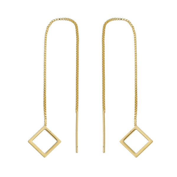 Gold square drop earrings on thin chains against a white background