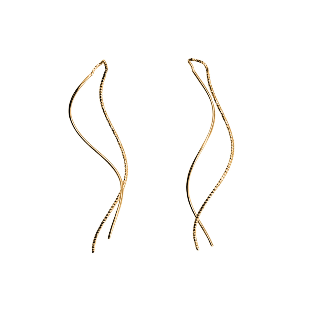Gold earrings with a wavy design on a white background