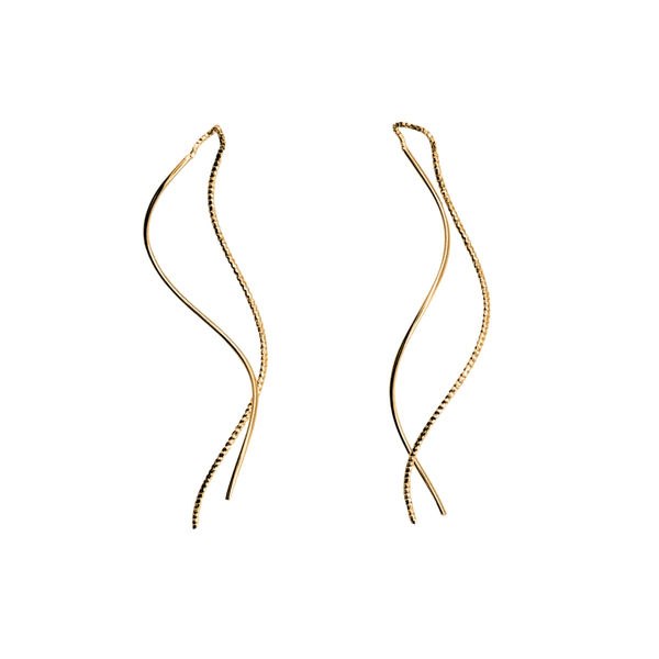 Gold earrings with a wavy design on a white background