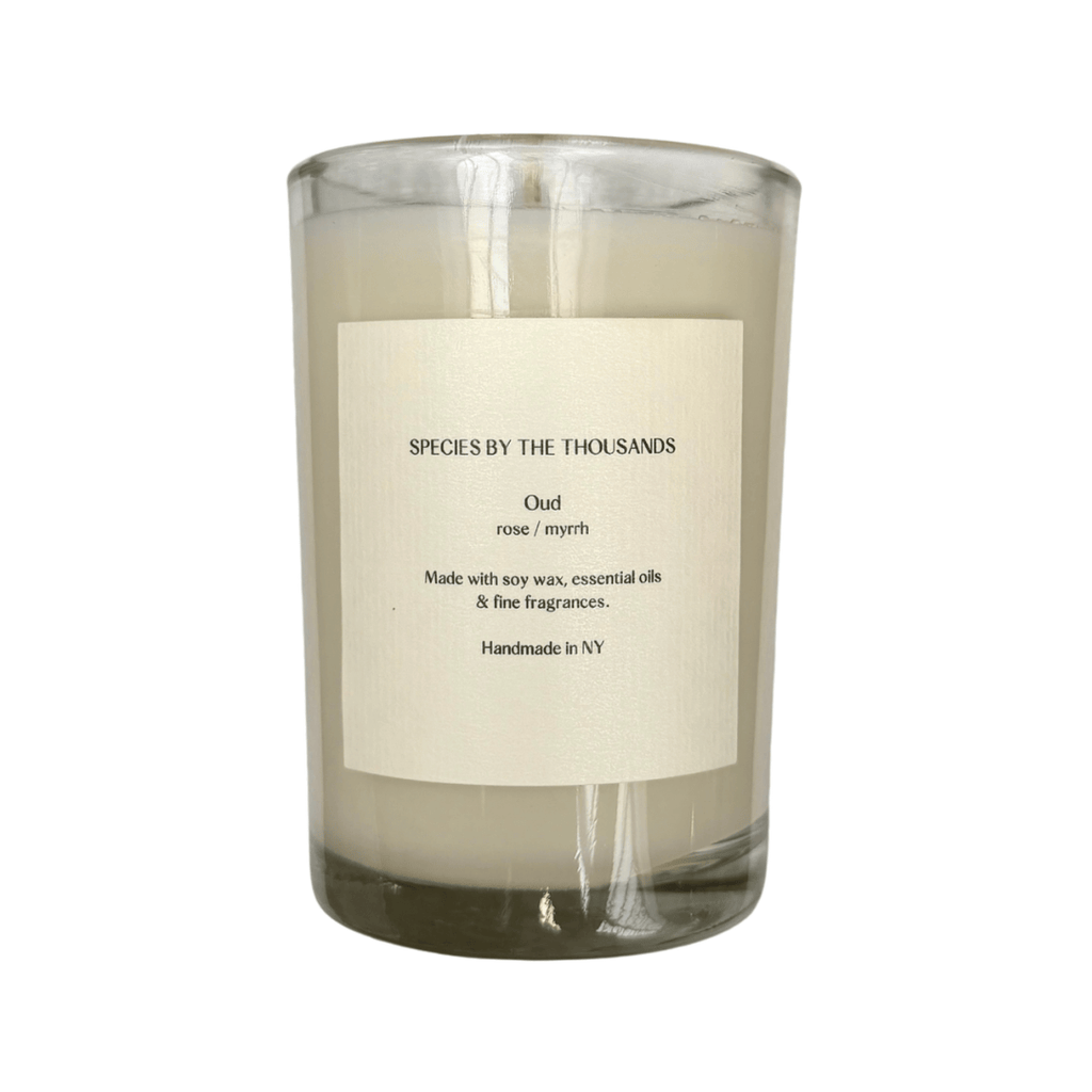 Candle in a clear glass jar with a label on a white background