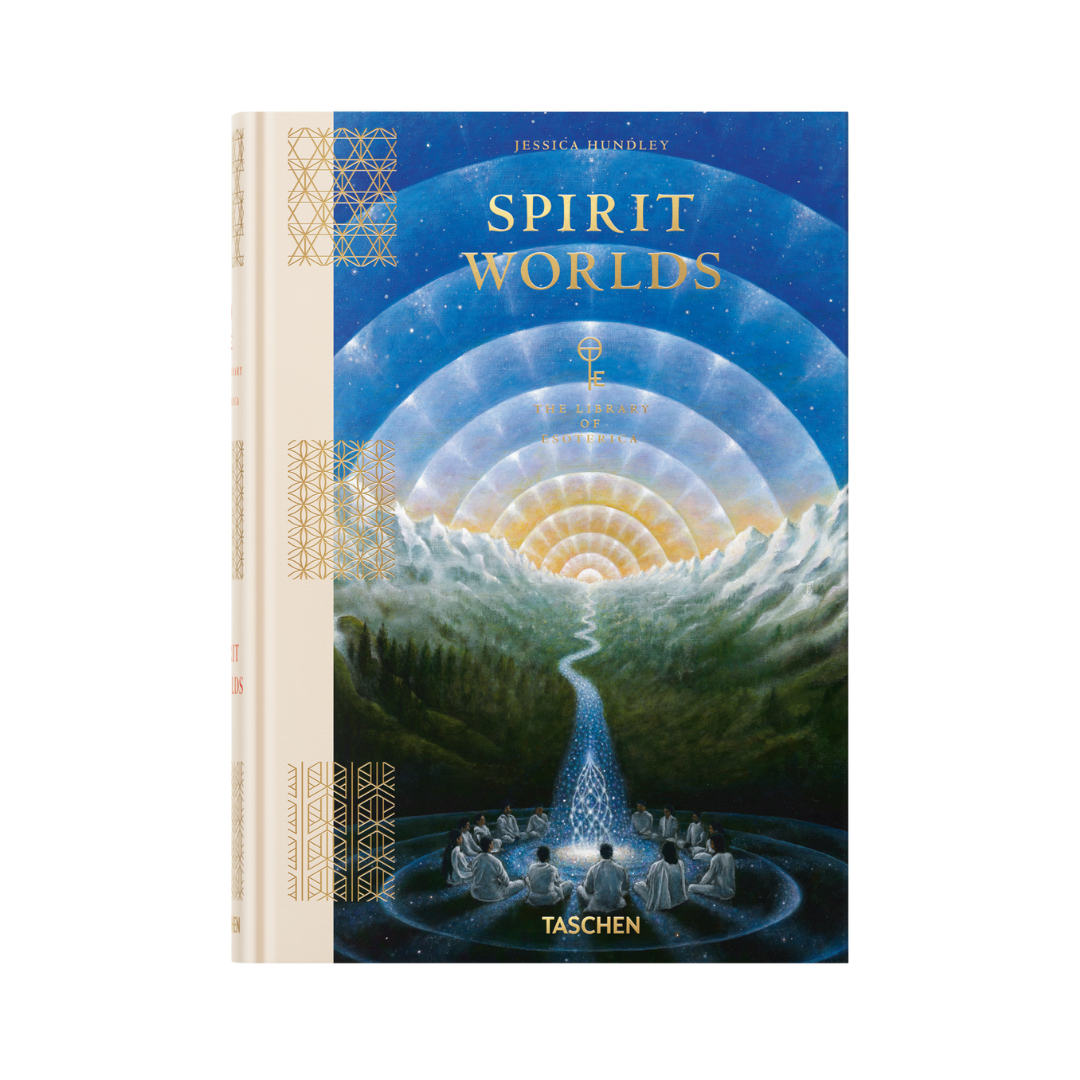 The front cover and spine of the book 'Spirit Worlds' by Jessica Hindley, published by Taschen. The cover features a cosmic illustration with a glowing golden sun, a winding river, and a circle of figures in a forest under a deep blue starry sky.