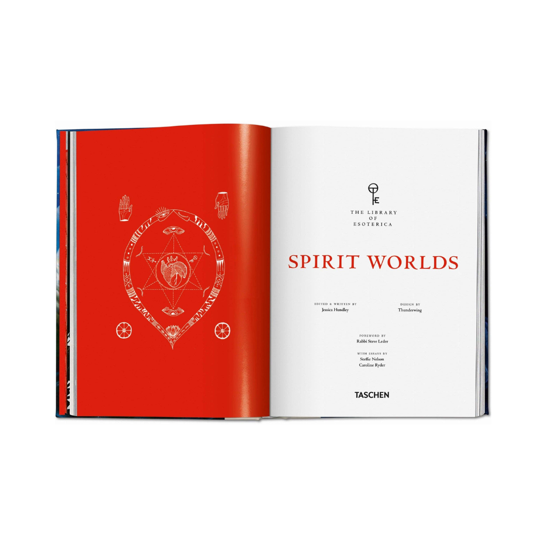 An open hardcover book titled 'Spirit Worlds' from 'The Library of Esoteric' series, published by Taschen. The left page is a vibrant red with white esoteric symbols, and the right page is white with black and red text.