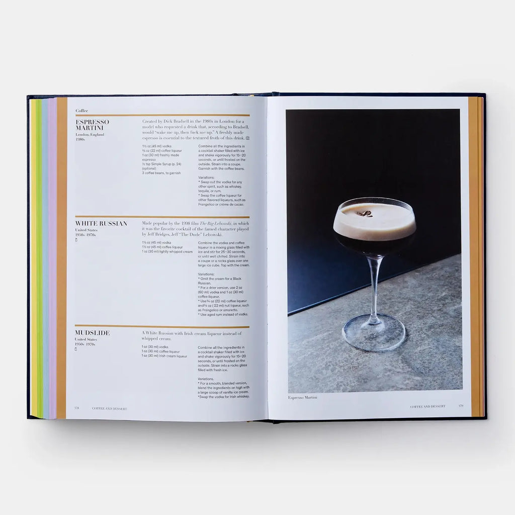 Open book showing a recipe for an espresso drink with a photograph of the drink on a white background