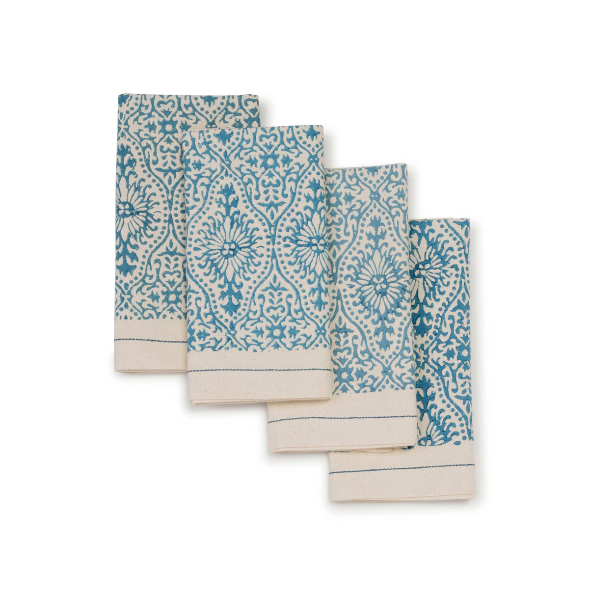 Set of four patterned towels with blue and beige design on a white background