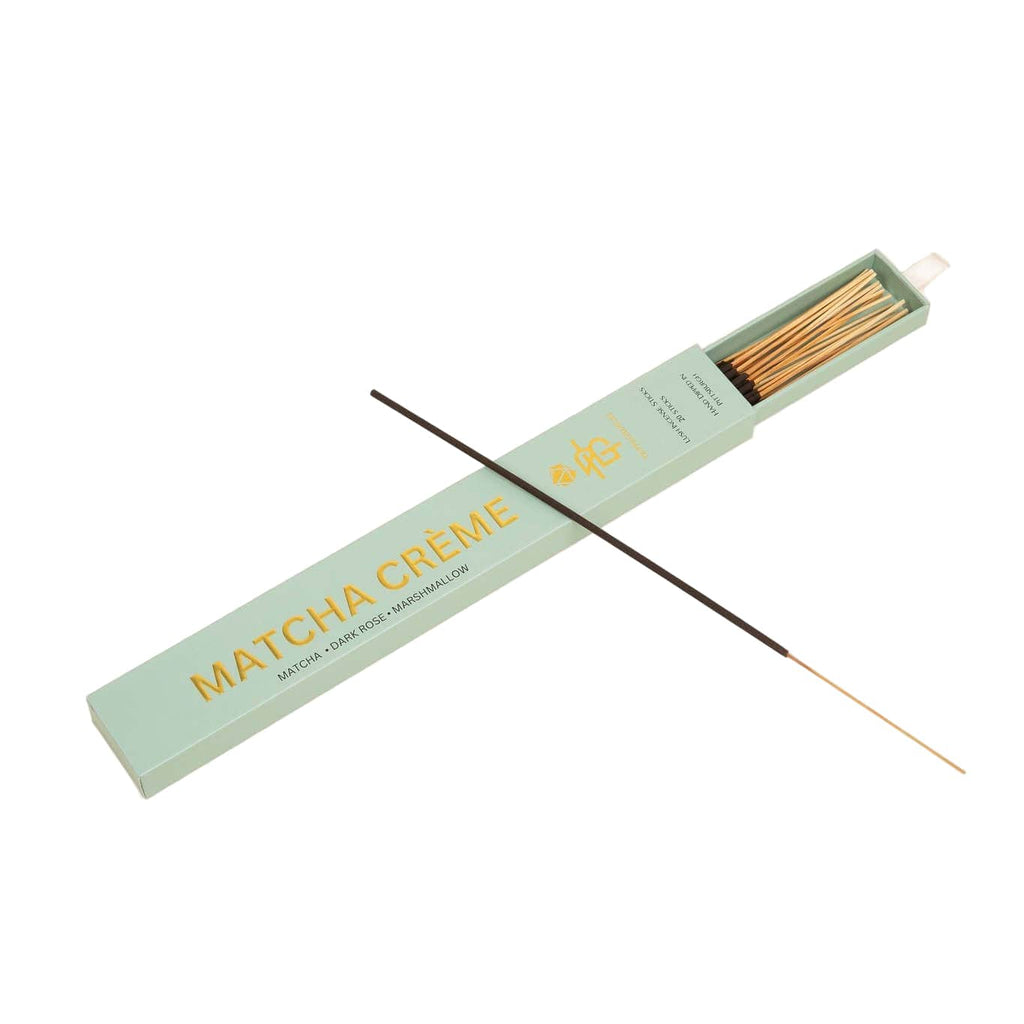 Matcha crème incense sticks in a green box on a beige background