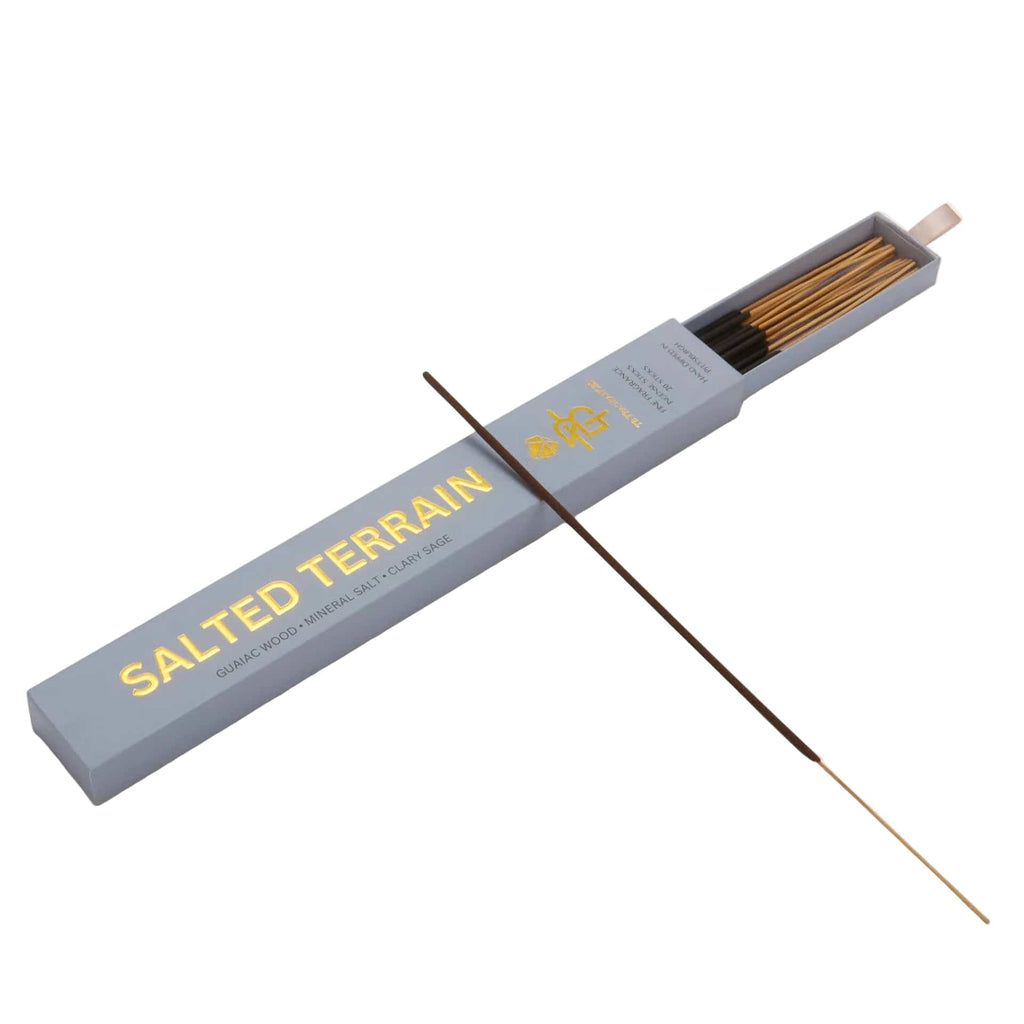 Incense sticks in a 'Salted Terrain' box on a beige background