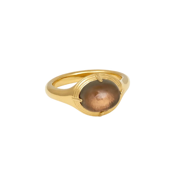 Gold ring with a brown gemstone on a white background