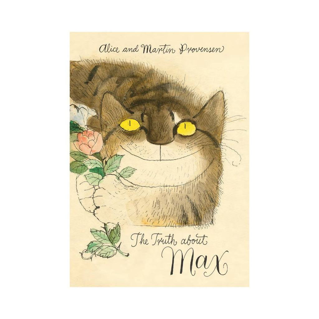 Book cover of 'The Truth about Max' featuring an illustration of a cat with flowers on a beige background.