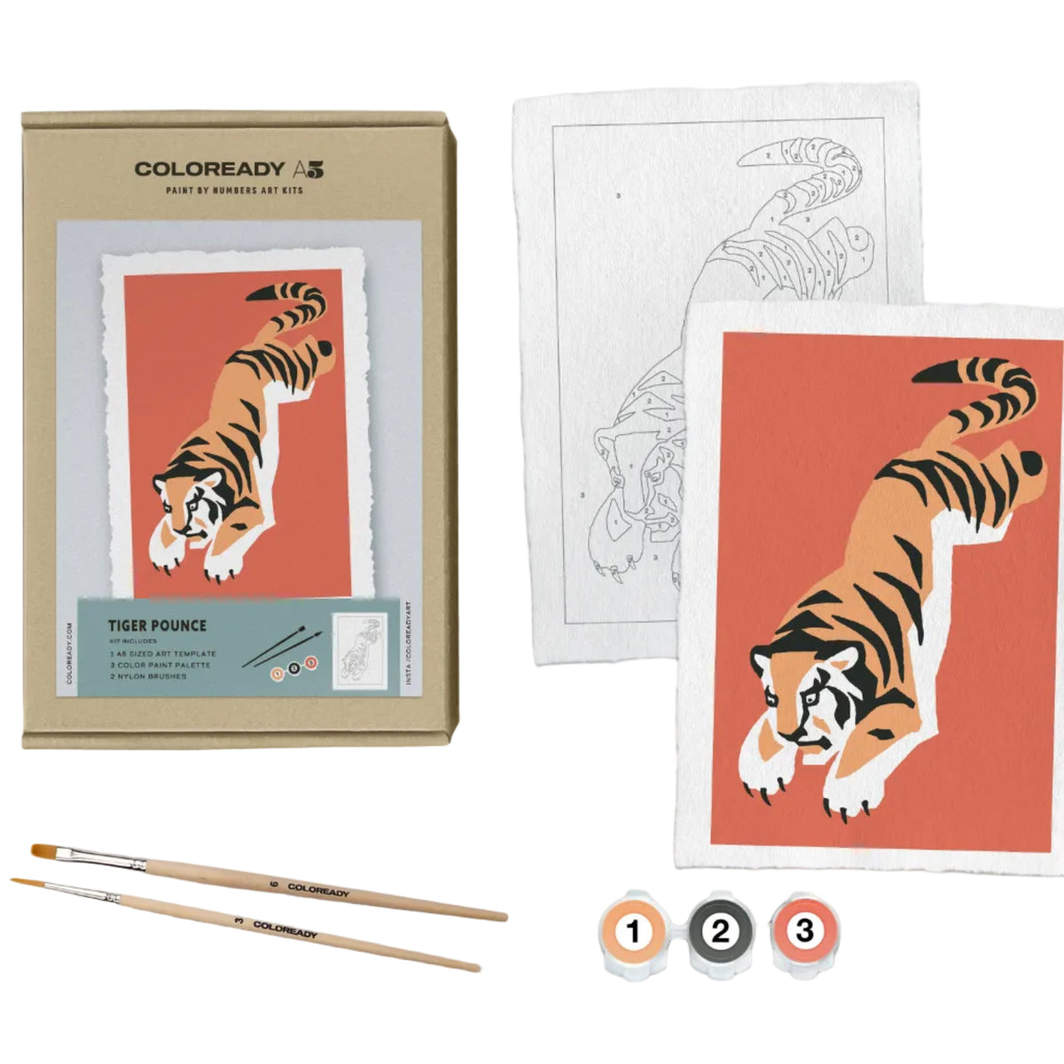 Artistic tiger design kit with paintbrushes and coloring guide on a white background