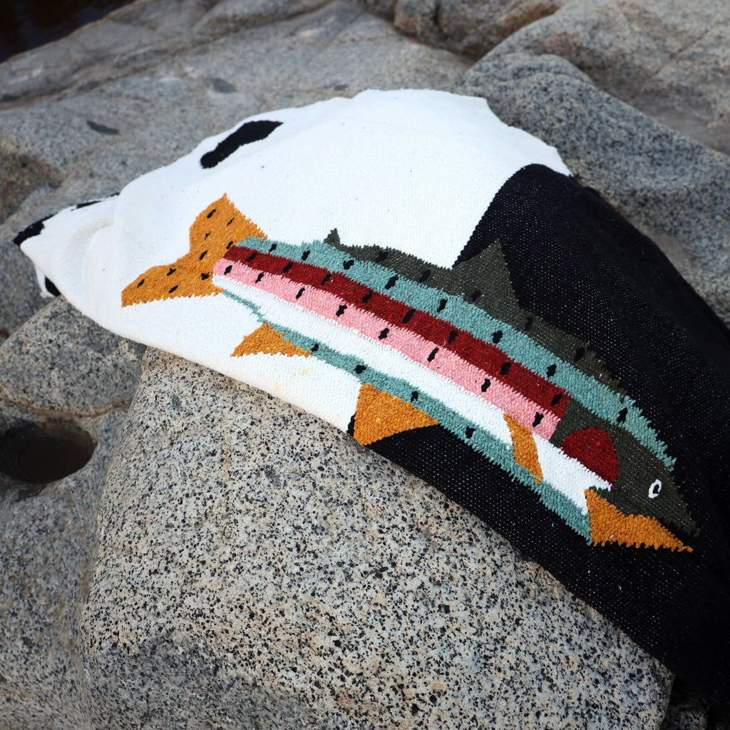 Colorful blanket with fish design on a rock
