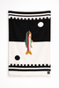 handwoven towel with fish design on a black and white background