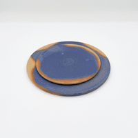 Two blue ceramic plates with brown rims on a white background