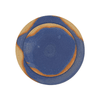 Round ceramic plate with blue and brown design on a white background