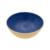 Blue ceramic bowl with beige rim on a white background