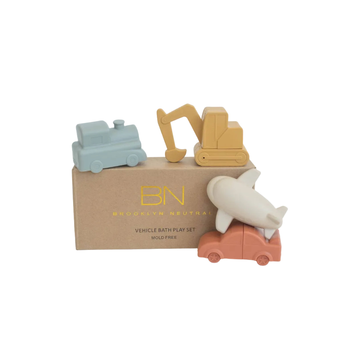 Set of toy construction vehicles on a white background with a cardboard box labeled 'BN'.