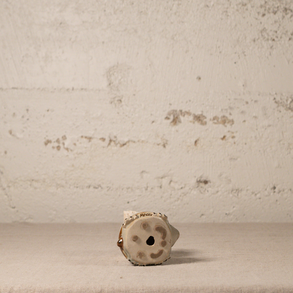 Small ceramic turtle on a textured surface with a neutral background
