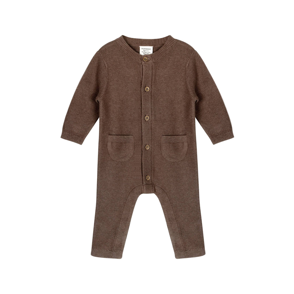 Brown baby knitted romper with buttons on a white background