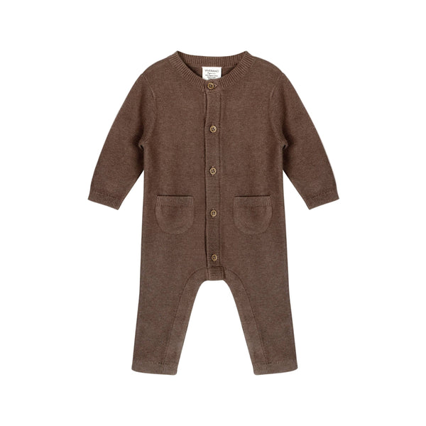 Brown baby knitted romper with buttons on a white background