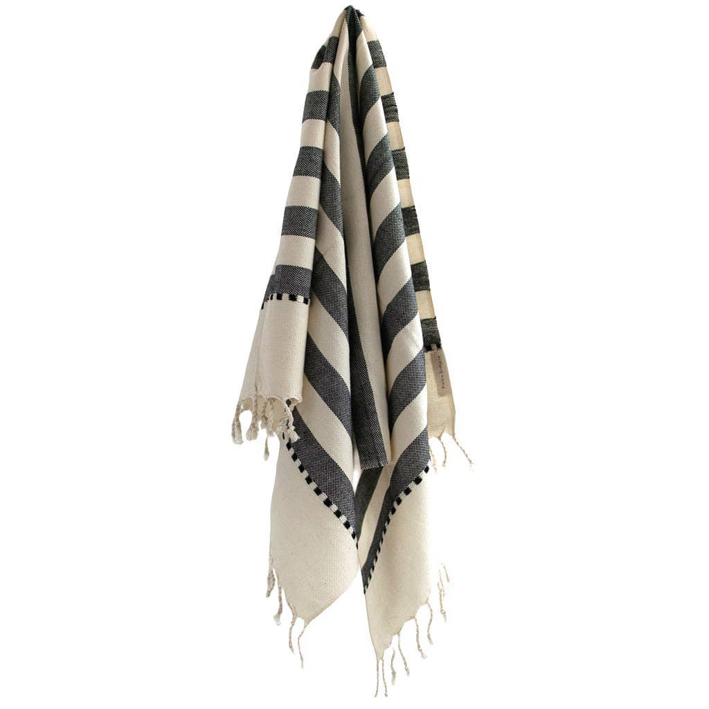 Striped towel with black and beige colors on a white background