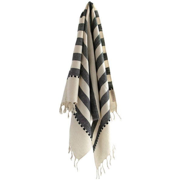 Striped towel with black and beige colors on a white background