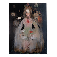 A vertical canvas painting hanging on a white wall, depicting a stylized woman in a pale dress against a dark background with surreal floral and celestial details.